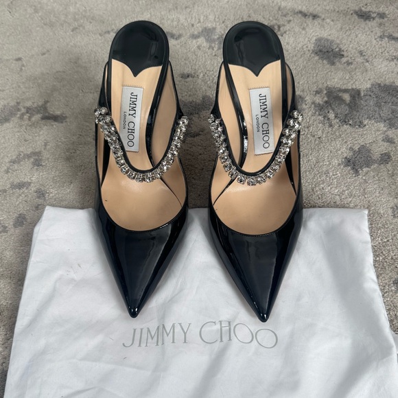 Jimmy Choo Shoes - Jimmy Choo Bing 100 Black Patent Pumps Mules Heels w/ Crystal Strap 38.5